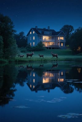 夜间湖景别墅鹿群倒影 夜间湖景别墅鹿群倒影
