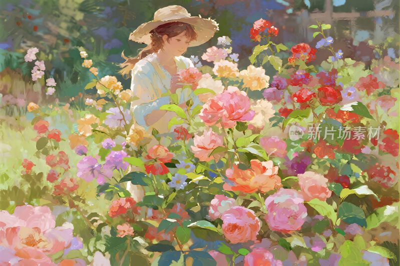 女子花园花丛风景插画