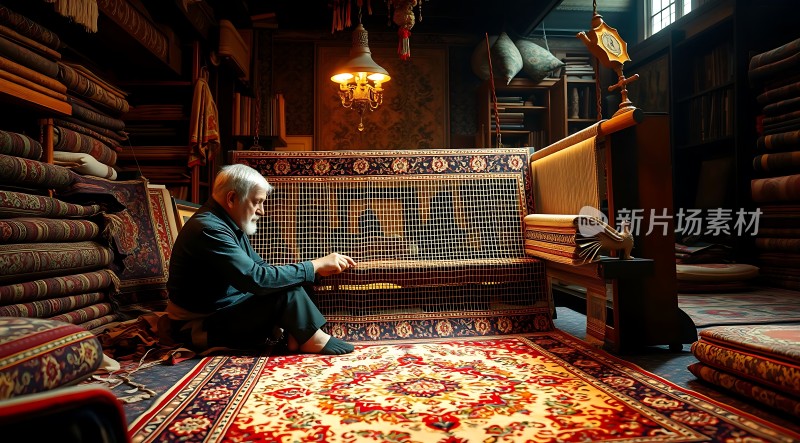 织毯匠人专注编织地毯