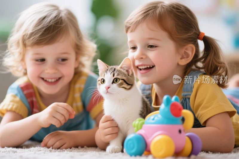 儿童猫咪互动温馨场景