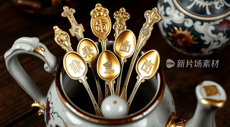 金勺子展示精美茶具背景