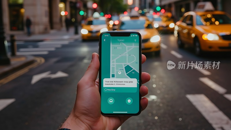 手机打车应用城市街头出租车环绕