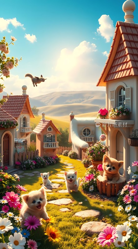 阳光下的童话小镇可爱小狗与美丽花园