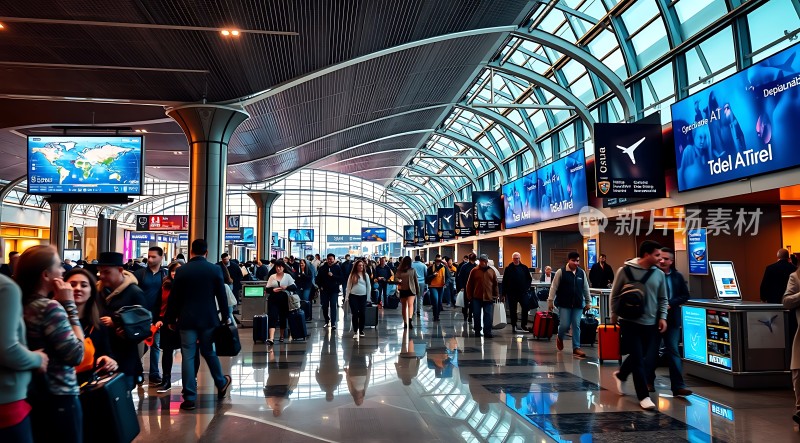 繁忙机场候机大厅旅客们拖着行李箱排队等待登机