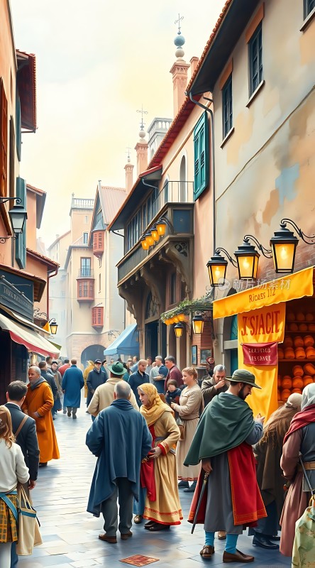 中世纪集市上的热闹场景