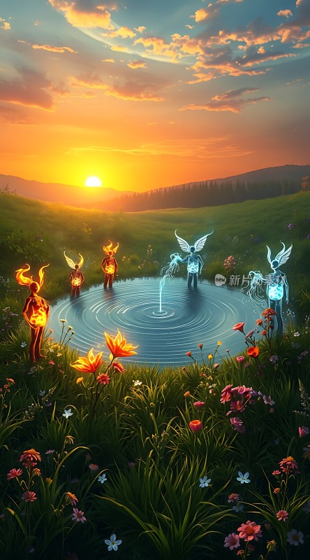 日落下的神秘池塘与天使般的生物