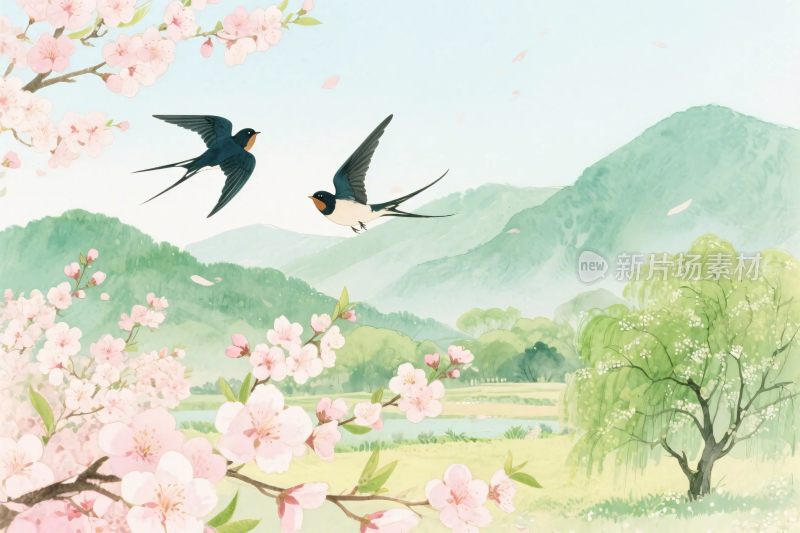 春日飞燕樱花山水