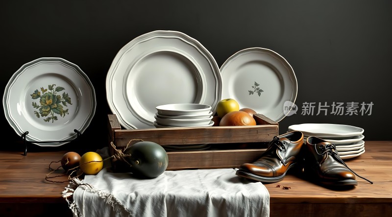 古董餐具与复古鞋子的静物之美