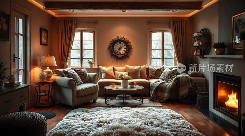 温馨客厅壁炉旁的舒适时光