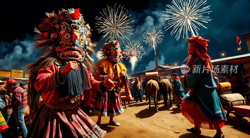 面具舞者与烟花夜色