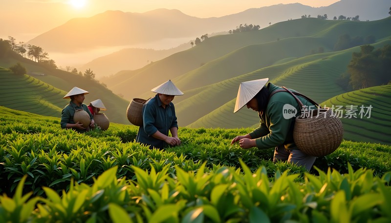 晨光下的茶园采茶人