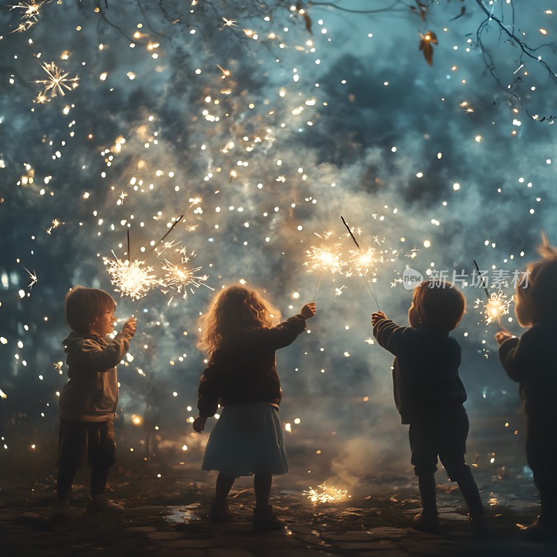 孩子们手持烟花夜空中闪烁着光芒