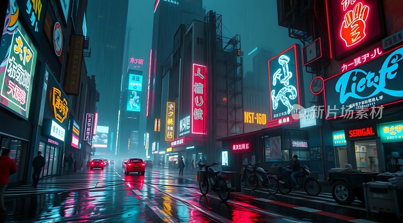 霓虹灯下的雨夜街头