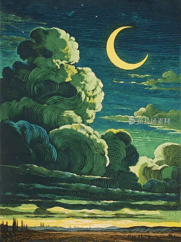 夜空下的弯月与云彩