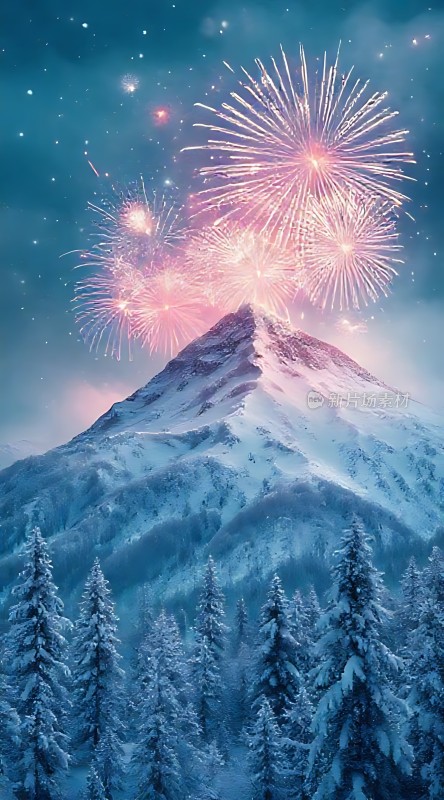 雪夜烟花映雪山