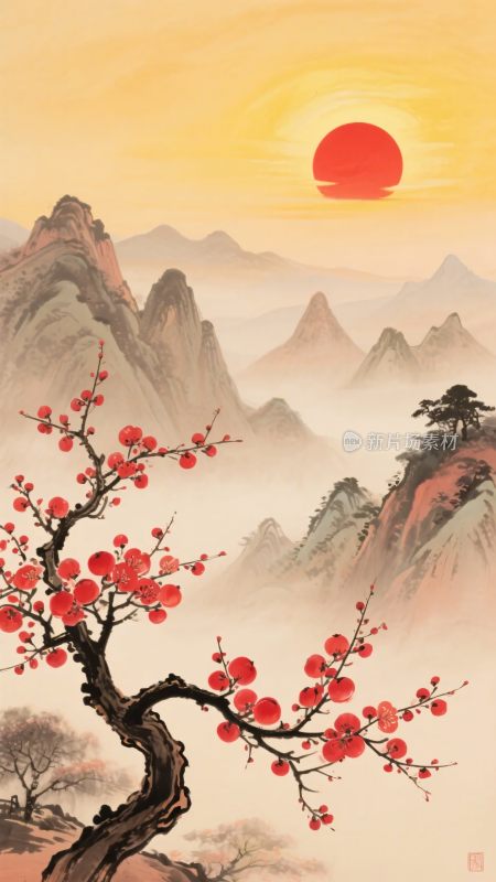 红梅映日山水图