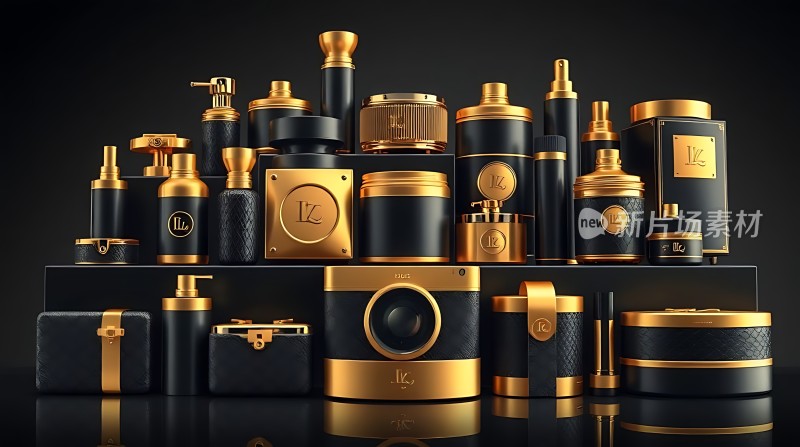 黑金相机与化妆品组合展示