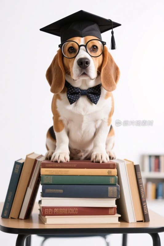 戴学士帽的小狗坐书堆