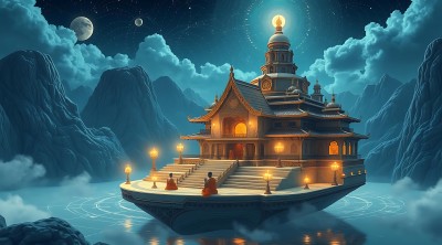 仙山古寺夜月图 仙山古寺夜月图