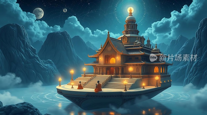 仙山古寺夜月图