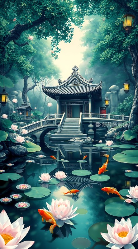 荷塘月色古亭静卧金鲤悠游绿意盎然