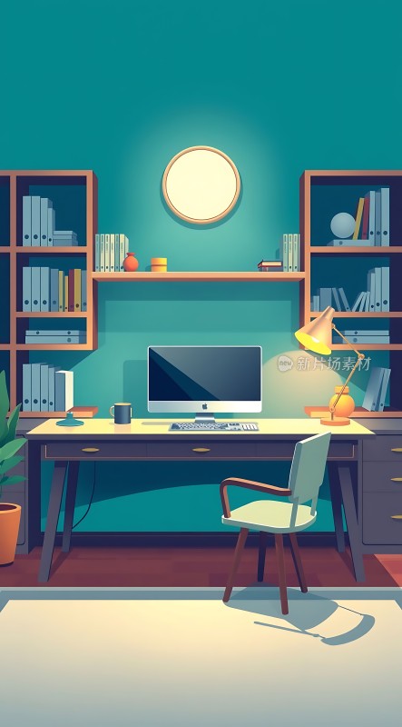 温馨工作空间现代简约风格办公桌椅整洁有序的书架和电脑设备