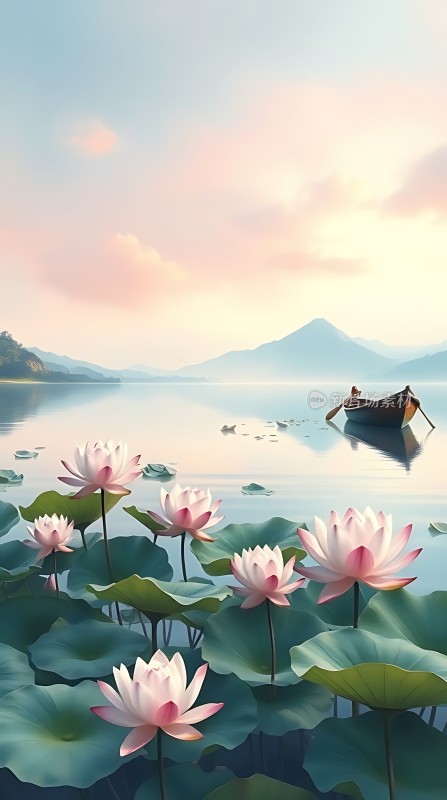 湖畔荷花映日图