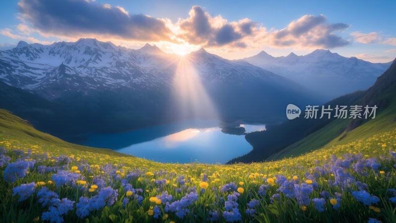 雪山下的宁静湖泊 雪山 湖泊 草地 鲜花