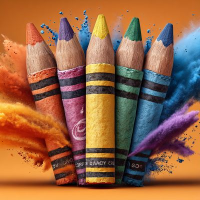 彩色蜡笔与飞扬粉末插画