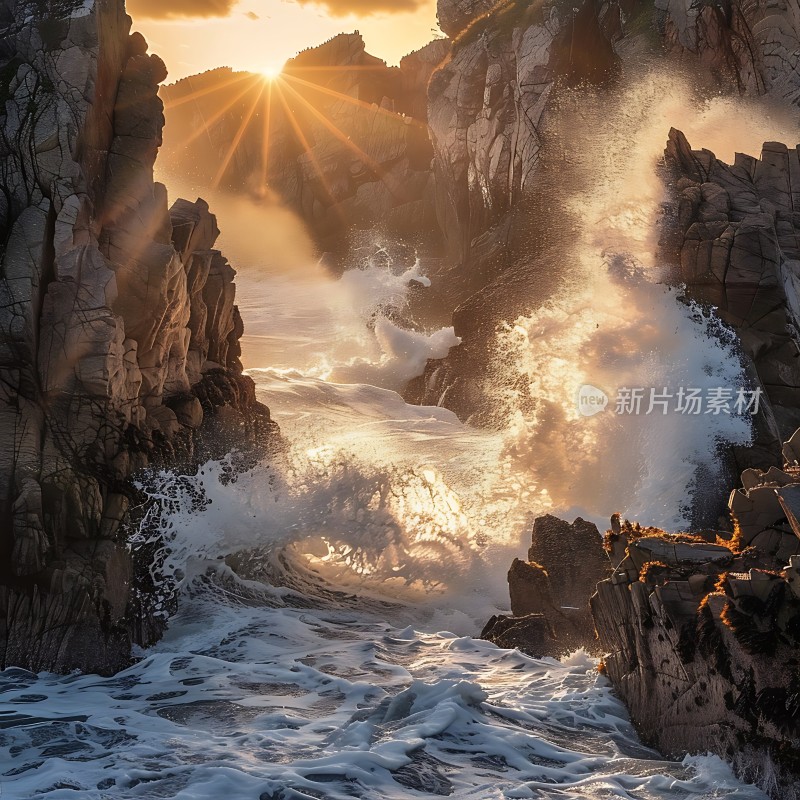 阳光下的海浪与岩石