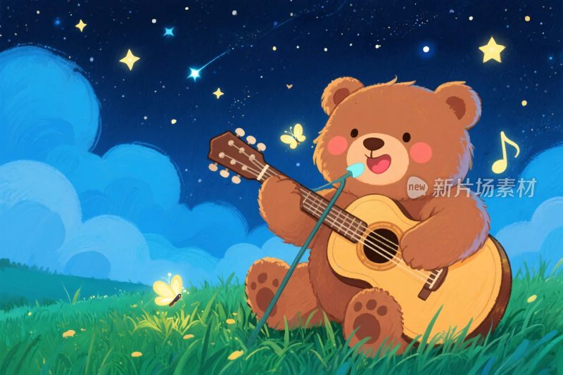 小熊弹吉他星空插画