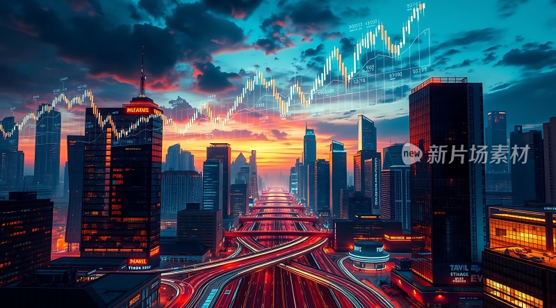 城市天际线与股票市场图表的结合展现现代都市金融活力