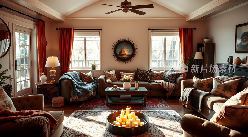 温馨客厅舒适沙发精美装饰自然光线和谐氛围