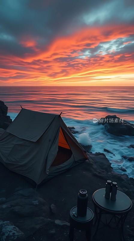 海边的帐篷与壮丽日落