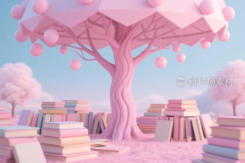 梦幻粉色书本树场景