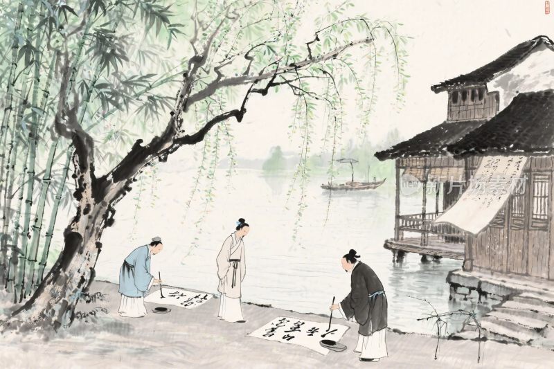 古水墨文人水边活动图