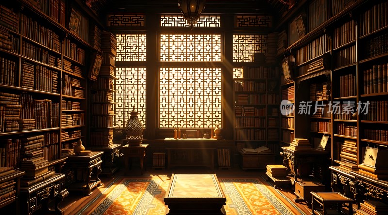 古色古香书房阳光洒满书架和地毯