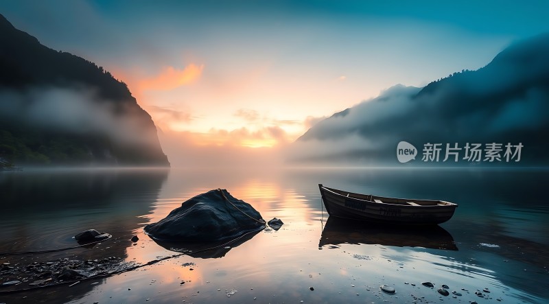 晨曦湖畔独木舟