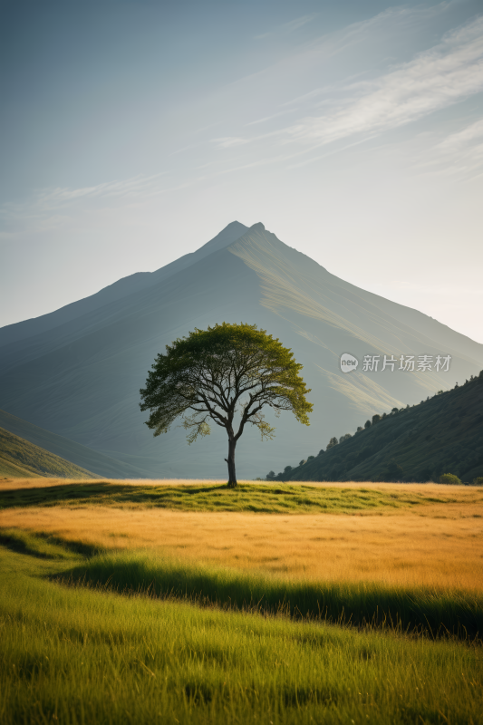 田野里一棵孤树一座高山清风景图片