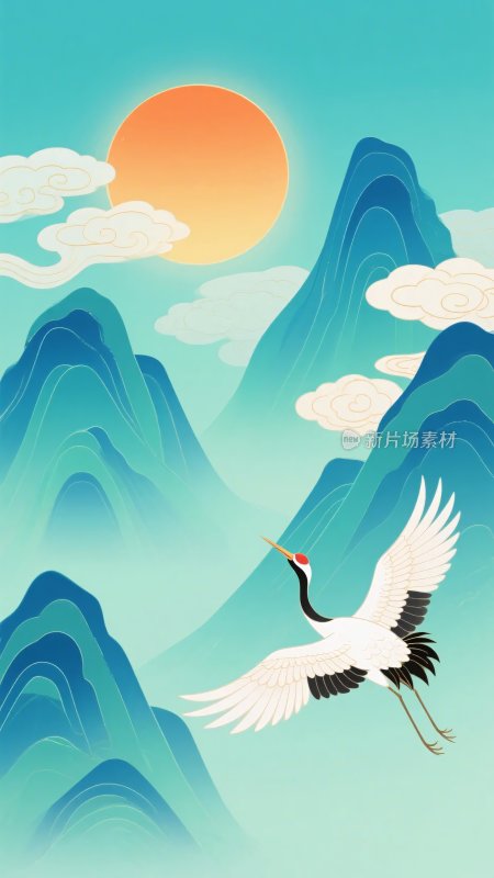 飞鹤于山水间伴日图