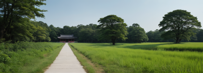 一条小路通向田野中央的一座宝塔风景横幅