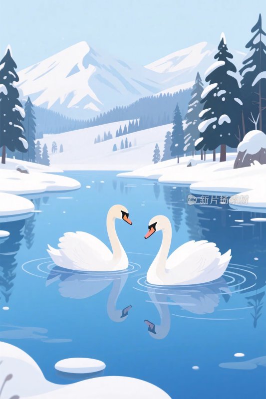 冬季湖景天鹅插画