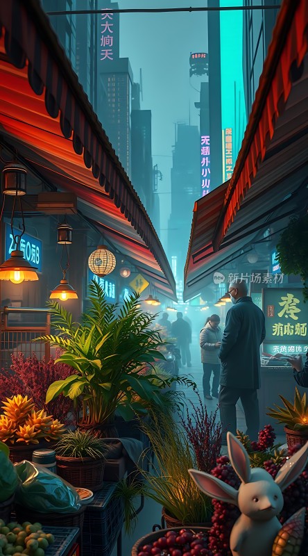 霓虹灯下的繁华夜市