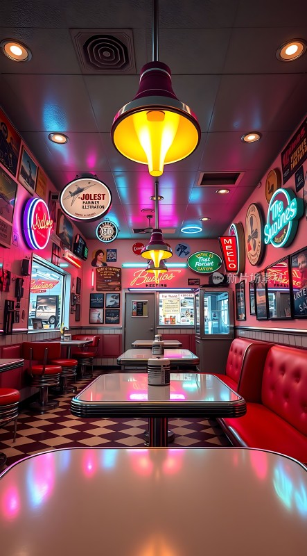 复古餐厅霓虹灯与红色座椅营造温馨氛围