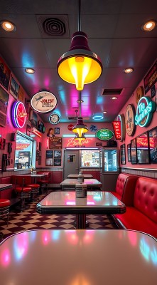 复古餐厅霓虹灯与红色座椅营造温馨氛围 复古餐厅霓虹灯与红色座椅营造温馨氛围