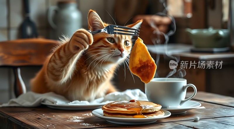 橘猫用叉子夹着煎饼面前有咖啡和糖浆