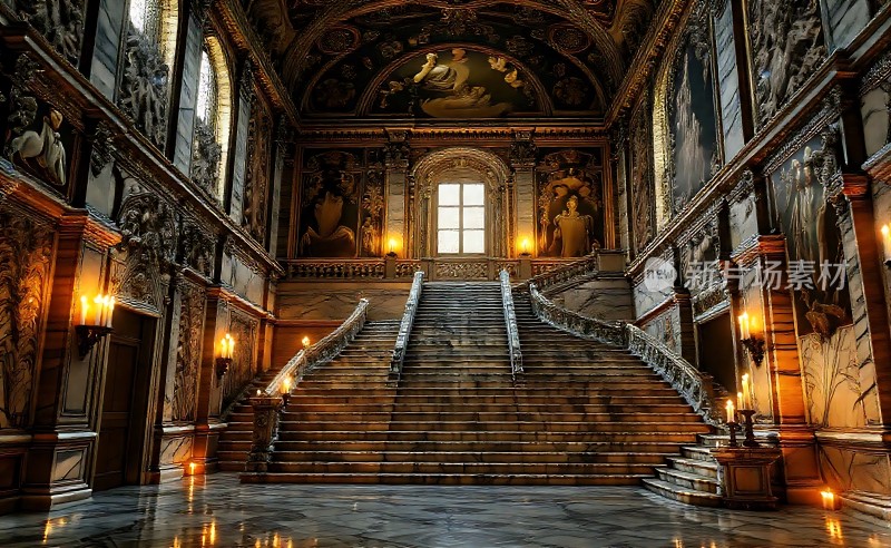 宏伟宫殿内部精美壁画与华丽楼梯