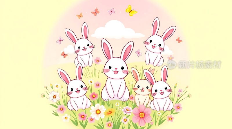 七只可爱小白兔在花丛中嬉戏玩耍