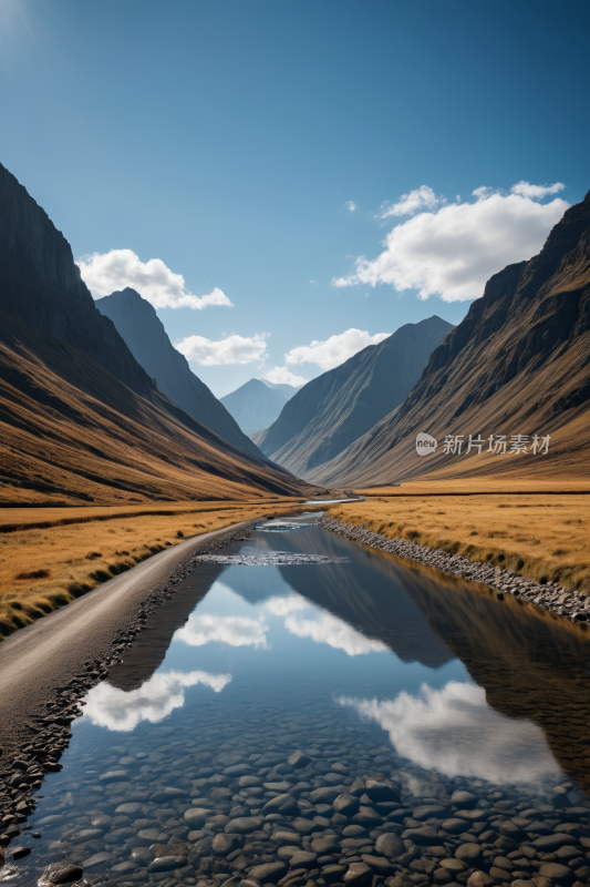 一条小溪流经山谷山脉高清风景图片