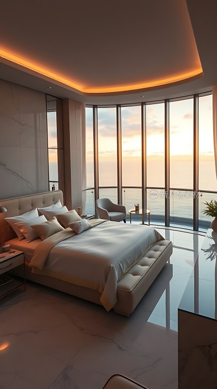 现代卧室落地窗日出美景舒适床铺温馨氛围